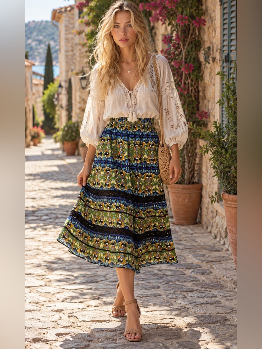 NWOT$149 SAM EDELMAN Midi A-line Skirt Sz 0 24x28” Elastic Waist Pleated Tulum